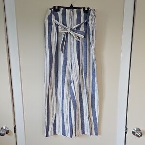 Striped Blue and White Cotton Linen Blend Wide-Leg Pants